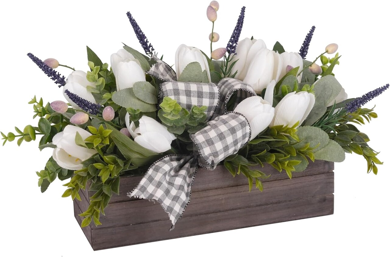 Spring Table Decor Faux White Tulips Arrangement, Spring Easter Tabletop Floral Centerpiece, Artificial Tulip Lavender Eucalyptus Boxwood and Bow in Rectangular Wood Box for Home Decoration, 14in